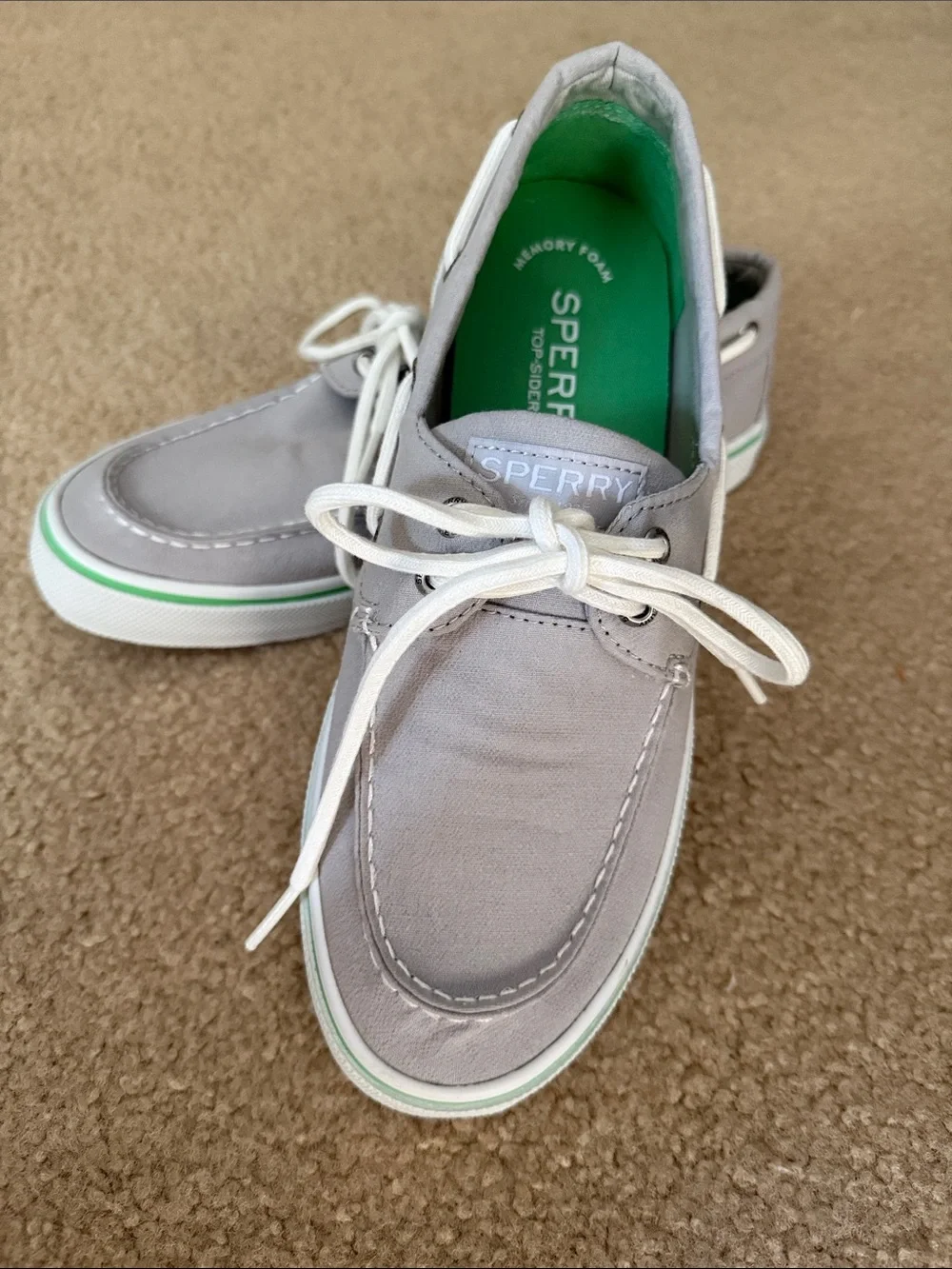 Sperry Light Gray Canvas Boat Shoes with Green Accent